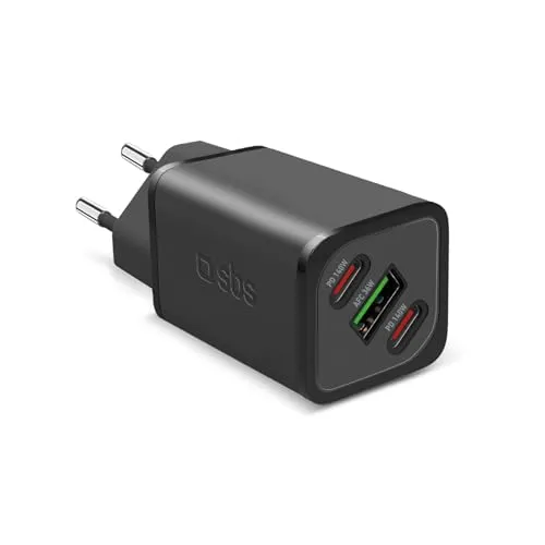 SBS Mehrport-Ladegerät 140W - Kompaktes Ladegerät mit 2 USB-C und 1 USB-A Anschluss - Ladegeräte für bis zu 3 Geräte gleichzeitig, ideal für Smartphones, Tablets und Laptops; leistungsstark und kompakt dank Galliumnitrid-Technologie.