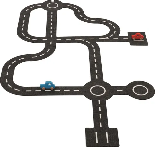 Goki 53812 - Spielstraße aus Filz mit 2 Fahrzeugen - Motorikspielzeug, kreative Straßenbaugestaltung mit beidseitig bedruckten Filzstraßen und zwei Holzautos für unbegrenzten Spielspaß.
