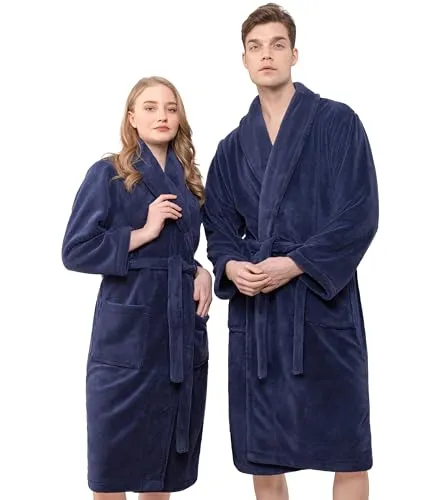 Hammetex Bademantel Unisex für Damen und Herren, Ultraweicher Qualitat Flausching Kuschelig Plüsch Lange Leichter Morgenmantel für Paare mit Taschen, Blau