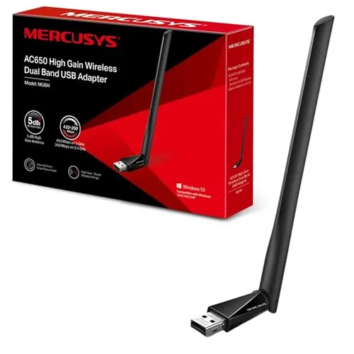 MERCUSYS AC650 High Gain Wireless Dual Band USB Adapter mit 5dBi Antenne für PC/Desktop/Laptop, unterstützt Windows 10/8.1/8/7/XP, WiFi-Dongle und USB-Adapter für verbesserte Konnektivität (MU6H)