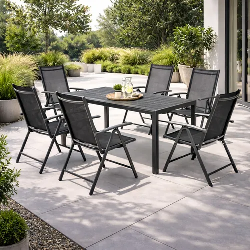 Elegante 7-teilige Gartengarnitur Anthrazit 150x90cm - Hochwertige 7-teilige Gartengarnitur mit großzügigem Tisch und klappbaren Stühlen. Ideal für gesellige Stunden im Freien, pflegeleicht und wetterbeständig.