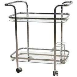 Moderner Servierwagen in Chromfarben - Küchenwagen mit 2 Regalfächern und 4 Rollen für einfache Mobilität, ideal für elegante Präsentationen in der Küche oder beim Servieren.