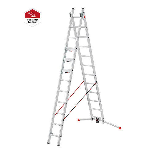 Hailo Mehrzweckleiter S110 Pro - 2-teilig mit 12 Sprossen - Robuste Aluleiter bis 150 kg belastbar, ideal als Anlege-, Schiebe- & Stehleiter mit einer max. Arbeitshöhe von 6,61 m. Ausgestattet mit 3 Dreh-Stufen für sicheren Einsatz nach TRBS 2121-2.