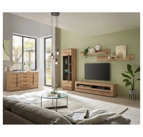 Lomadox Wohnzimmer-Set COLORADO-61, 5-teilig mit LED-Beleuchtung - Stilvolles 5-teiliges Wohnzimmer-Set in Eiche mit LED-Glasbodenbeleuchtung. Ideal für eine moderne Einrichtung, inklusive Softclose-Schubladen für leises Schließen. Selbstmontage erforderlich.