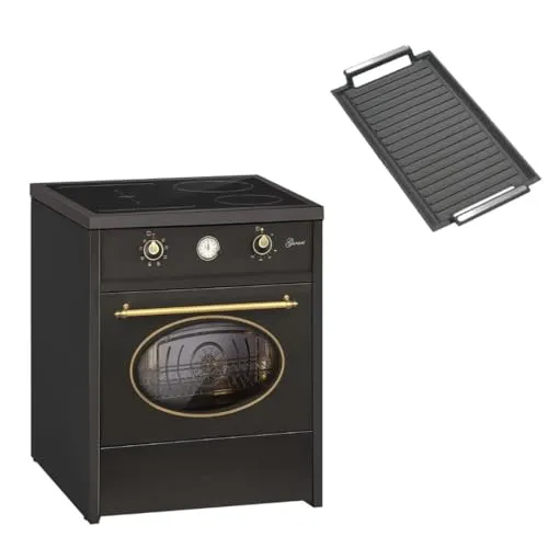 GURARI Standherd Induktionskochfeld 60 cm GCH E 612 BL r + Grillplatte aus Gusseisen | Retro Range Coocker Induktionsherd mit Backofen 60 L | Heißluft | Grill | Herd Induktion in Schwarz