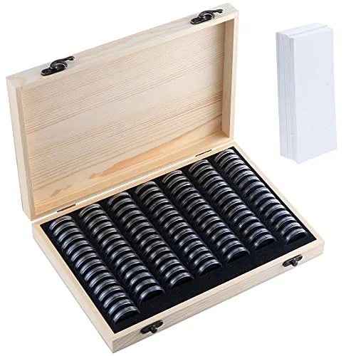 Kinsinder 100 Stück Münzsammelbox aus Holz, Holz Münzsammlung Aufbewahrungsbox mit Runden Kunststoff Münzkapseln für 18 mm/20 mm/23 mm/25 mm/27 mm/30 mm