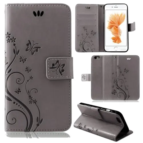 betterfon Hülle Kompatibel mit Apple iPhone 6 Plus / 6s Plus | Premium PU Leder Handyhülle Wallet Case für iPhone 6 Plus / 6s Plus | Schutzhülle Blumen Klapphülle Handyhülle | Grau