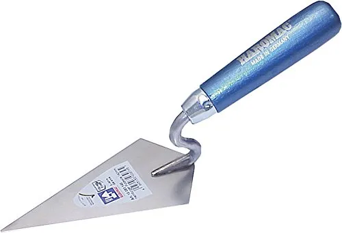 HAROMAC Hamburger Putzkelle, Made in Germany, 140 mm, rostfreier Edelstahl, Holzgriff in blau, gehärtet und geschliffen, Profiqualität, Putzkelle, Spitzkelle, Spachtelkelle