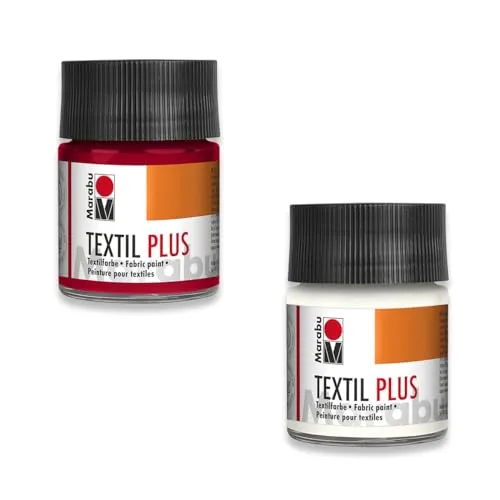 itenga Produktset aus Marabu Textil Plus karminrot 50 ml und Textil Plus weiss - volldeckende Stoffmalfarbe für Stoffe Stoffmalerei Stoffdruck nach Fixierung waschbeständig bis 40 Grad°C