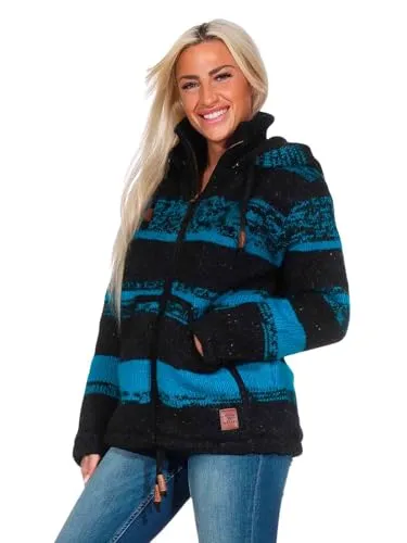 Kunst und Magie Strickjacke Schurwolle Klassich Wolle Jacke Winterjacke Kapuze Kapuze (DE/NL/SE/PL, Alphanumerisch, L, Regular, Regular, Schwarz/Blau)