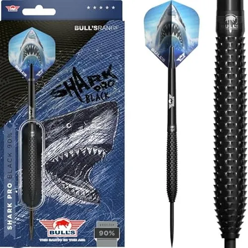 Bull's Shark Pro Black 90% Tungsten Steeldart - 23g | Präzise gerade Barrels mit einzigartigem Shark Grip