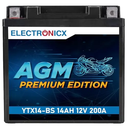 Electronicx AGM YTX14-BS Motorradbatterie 12V 14Ah 200A Zuverlässige AGM-Starterbatterie - wartungsfrei kompakt vibrationsfest versiegelt auslaufsicher - für Roller, Quad, Motorrad & Rasentraktor.