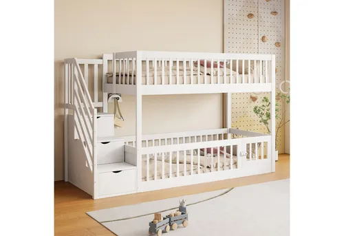 Merax Etagenbett (Kieferholz Hochbett Jugendbett Hausbett, 1-St), Holz Kinderbett 90x200cm mit Stauraumtreppe Geländer Spielbereich Tür