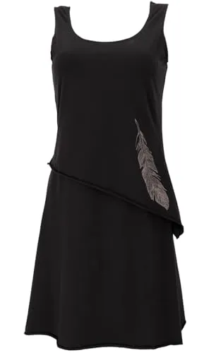 GURU SHOP Minikleid aus Bio-Baumwolle – Ärmeloses Boho Kleid mit Federdruck – Schwarz, Damen, Size:M - Elegantes knielanges Minikleid im Lagenlook mit figurfreundlichem Top und trendigem Federmotiv. Das elastische Material sorgt für hohen Tragekomfort und ist ideal für besondere Anlässe.