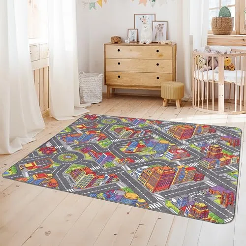 Spiel- und Kinderteppich BIG CITY | 140x200 cm - Teppiche: Anregender Spielteppich in Stadtatmosphäre, strapazierfähig, pflegeleicht und ideal für Spielzeugautos. Perfekt für Kinderzimmer und Fußbodenheizungen.