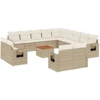 vidaXL 14-tlg. Garten-Sofagarnitur mit Kissen Beige Poly Rattan