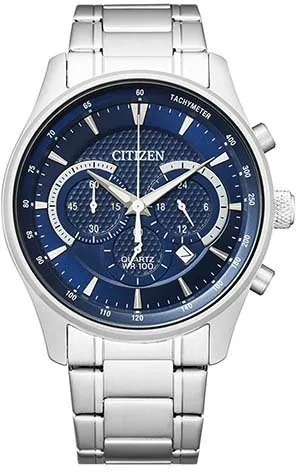 Citizen AN8190-51L Herren-Armbanduhr - Edelstahl, Chronograph mit blauem Ziffernblatt - Chronograph für Herren mit präzisem Quarzwerk, datumsanzeige und wasserdicht bis 10 bar. Elegantes Design aus Edelstahl mit einem blauen Ziffernblatt und lumineszierenden Zeigern.