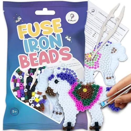 La Manuli Bügelperlen Einhorn mit Stiftplatte, Pinzette, Bügelpapier, 5mm Steckperlen - Kreatives Perlenset für Kinder ab 5 Jahren