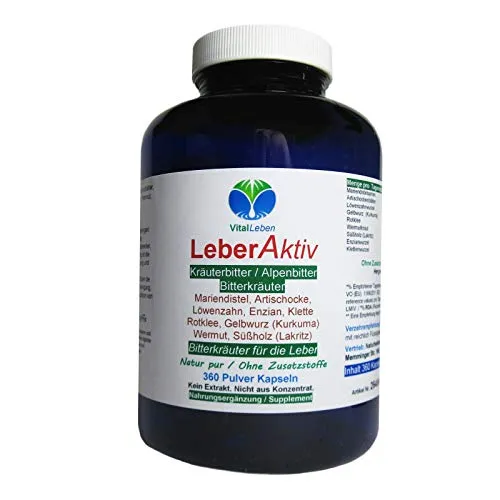 Leber Aktiv 9 Alpenbitter Kräuterbitter Bitterstoffe. 360 Kräuter Kapseln. Leber & Galle lieben Bitterkräuter NATUR pur OHNE Zusatzstoffe. 26486-360