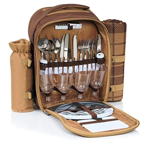 CampFeuer Picknickrucksack für 4 Personen | 32-teiliges Set mit Kühlfach und Decke - Picknickrucksäcke für 4 Personen, komplett ausgestattet mit Geschirr, Besteck und einem großen Kühlfach für lange Frische. Ideal für Outdoor-Aktivitäten, leicht und komfortabel zu tragen.