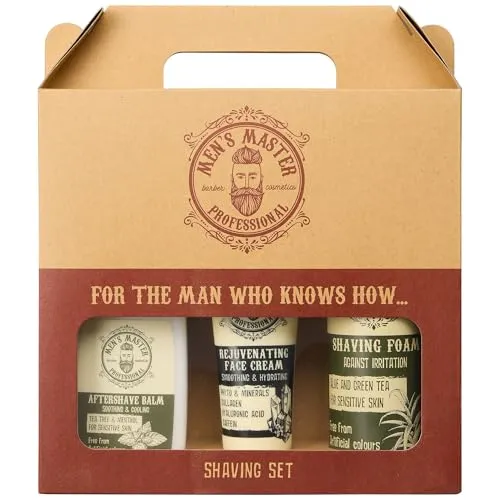 Men's Master 3-teiliges Rasier Geschenkset für Männer | Feuchtigkeitsspendender Rasierschaum | Aftershave Balsam | Verjüngende, Anti-aging Creme Männer | Gesichtspflege Männer | Geschenkset für Ihn