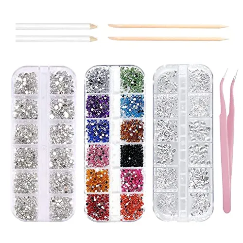 Strasssteine Set,3800 pcs Strasssteine Nagel Kunst Nail Gems 3 Verschiedene Formen,mit 2 Strass Picker Tool Pens,2 Nail Wooden Sticks und 1 Pink Tweezer zum Basteln,DIY,Nagelkunst
