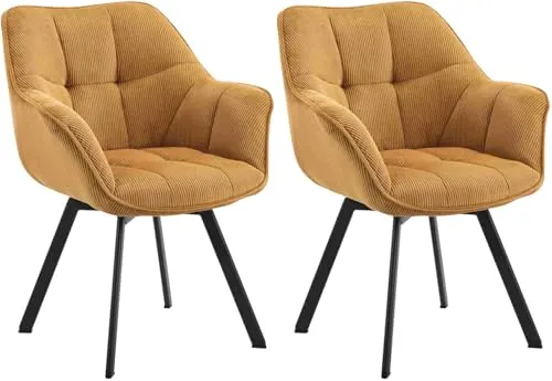 CLP Esszimmerstuhl 2er Set ergonomisch Jordi Cord, drehbar mit Armlehnen, Polstersessel, 4-Fuß-Metallgestell, bis 150 kg, mit Bodenschonern, Farbe:orange