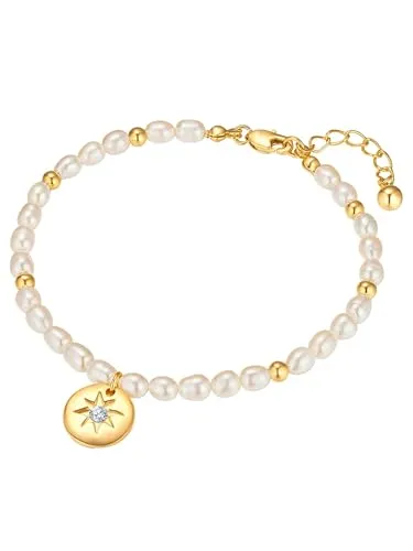 Yokoamii Damen Armband mit Zirkonia und Süßwasser-Zuchtperle - Elegantes Armband aus gelbgoldfarbener Metall-Legierung mit Zirkonia und einer Süßwasser-Zuchtperle, verstellbar von 17,0 cm auf bis zu 20,0 cm für perfekten Sitz.