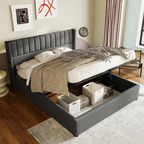 Flieks Polsterbett 180x200cm - Hydraulisches Boxspringbett mit Stauraum - Stylisches Polsterbett mit praktischem Stauraum und bequemem, gepolstertem Kopfteil. Ideal für ein aufgeräumtes Zimmer und erholsame Nächte. Robuste Bauweise aus Massivholz.