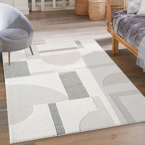 carpet city Kurzflor Teppich Grau, Creme - 200x290 cm - Moderne Wohnzimmer-Teppiche mit 3D-Hochtief-Muster für ein stilvolles Ambiente. Pflegeleicht und vielseitig einsetzbar, ideal für jeden Raum!