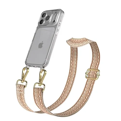 EAZY CASE Handykette - Verstellbares Taschenband kompatibel mit iPhone 17 Pro, Schulterriemen, Handykordel mit Silikon Hülle, Umhängetasche, Beige Braun Gold