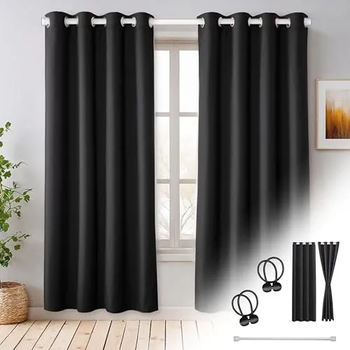 Cozyor Praktisches Set ohne Bohren: 2X Vorhang + 1x Klemmstange 70-120 cm + 2X Raffhalter mit Magnet Blickdicht & verdunkelnd, als Raumteiler, Fenster & Tür Schwarz Thermovorhang 200x135cm