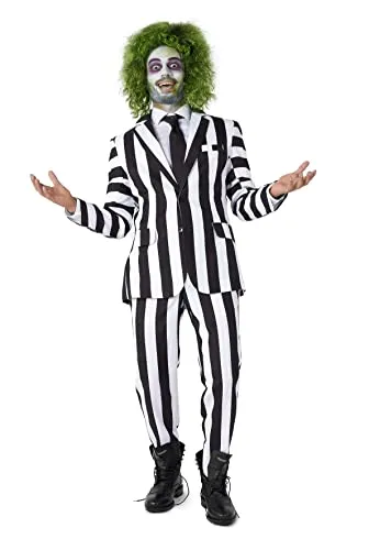 Suitmeister Herren Premium Kostüm - 80er Jahre Beetlejuice Halloween Outfit - Kostüm-Outfits für Erwachsene, tailliertes Slim-Fit-Design mit Blazer, Hose und Krawatte, ideal für Halloween und 80er-Party, verstellbarer Bund für optimale Passform.