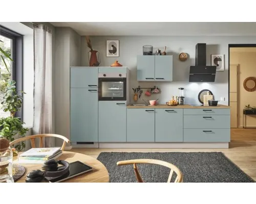 PICCANTE Plus Küchenzeile Marlena 310 cm - fjördgrün matt, vormontiert - Küchenzeilen mit eleganter Front in fjördgrün matt und ergonomischer Arbeitshöhe von 92 cm. Ideal für stilvolles, funktionales Kochen mit vielseitigen Stauraumlösungen.