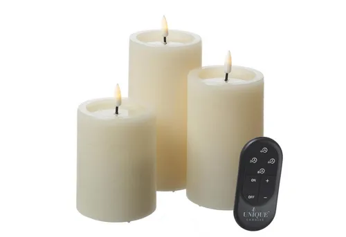 LED Kerzenset UNIQUE Rustik-Optik 3er Set - Kerzen Set in Rustik-Optik mit 3 Größen (10cm, 12,5cm, 15cm), inklusive Fernbedienung und Batterien. Ideal für stimmungsvolle Dekoration und gemütliche Atmosphäre bei jeder Gelegenheit.