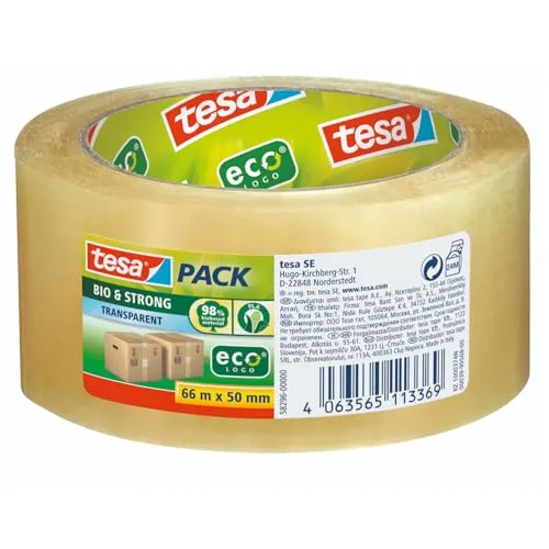 tesa tesapack bio & strong - Stark haftendes Paketband aus 98% biobasiertem Material - Nachhaltig und recyclingfreundlich - Transparent - 66 m x 50 mm