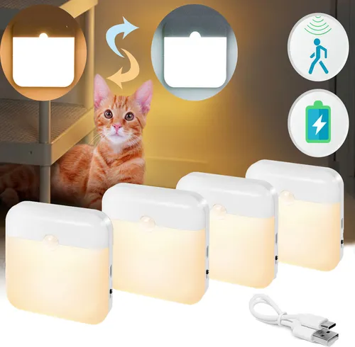 Stück Nachtlicht,Warmweiß & Kaltweiß,USB Wiederaufladbares mit BewegungsmelderDämmerungssensor LED-Schranklicht,Magnetische 4