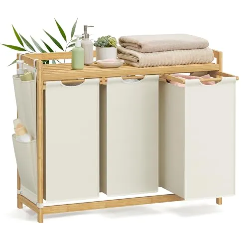 SONGMICS Wäschekorb mit 3 Fächern aus Bambus, 150 L in beige von SONGMICS