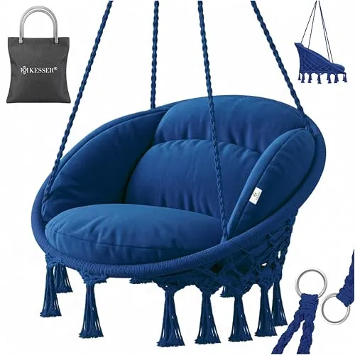 KESSER® Hängesessel Navyblau mit 150kg Tragkraft und komfortablem Sitzpolster - Robuster Hängesessel für Garten und Indoor, mit 150kg Tragkraft. Das wetterfeste Gewebe und die bequemen Kissen sorgen für entspannende Momente. Ideal für Balkon, Terrasse oder Wintergarten.