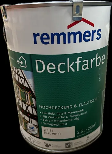 Remmers Deckfarbe weiß (RAL 9016) - 5 Liter Wetterschutzfarbe für innen und außen - Farben – Hochdeckende Wetterschutzfarbe mit exzellenter Haftung auf vielen Untergründen, ideal für Gartenhäuser und Zäune, bietet UV-Schutz und bleibt elastisch.