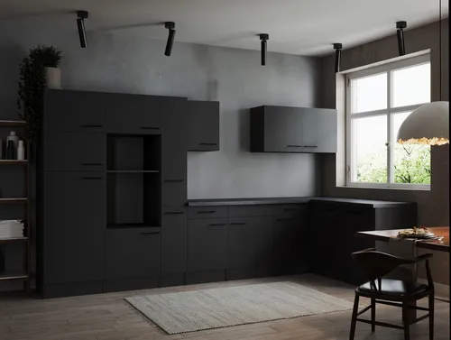 Respekta L Küche Leerblock Winkelküche Grau Matt 370 x 172 cm - Moderne Winkelküche mit ergonomischer Arbeitshöhe und eleganten mattschwarzen Metallgriffen. Flexibel montierbar und perfekt für jede Küchenplanung.