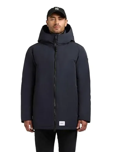 khujo Herren warme lange Winterjacke schlichte Jacke mit 2-Wege-Reißverschluss, verstellbarer Kapuze und innenliegenden Rucksack-Trägern Nedd Port Blue Gr. XL