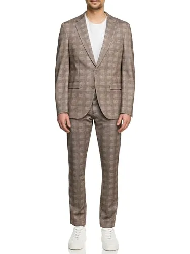 JEFF Herren JFLeo Set Anzug 2-teilig Sakko Hose Bundle | elastischer Herrenanzug Regular Fit für Männer Brown Check, 56