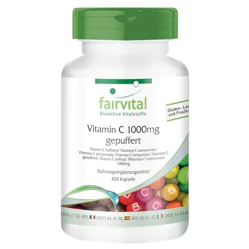 Fairvital | Gepuffertes Vitamin C 1000mg hochdosiert - 400 Kapseln - VEGAN - magenfreundlich - Calciumascorbat