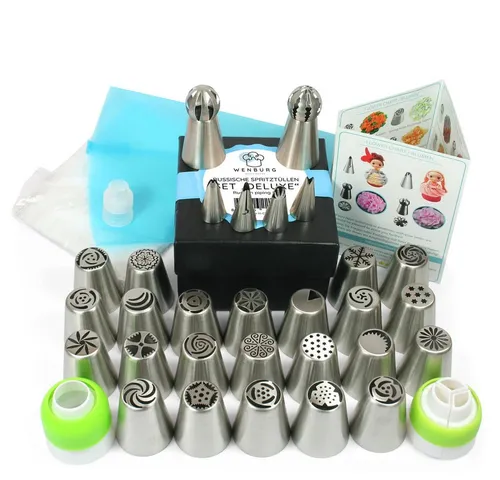 Wenburg Spritztüllen Set - 29 teilig - Spritztüllen Set mit 25 großen und 4 kleinen Tüllen aus rostfreiem Edelstahl, ideal für perfekte Tortendekoration. Inklusive Anleitung und E-Book, perfekt für Profis und Hobbybäcker!