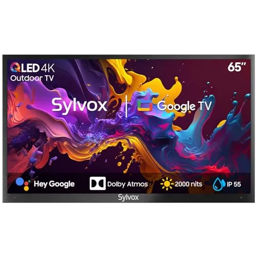 SYLVOX 65 Zoll Outdoor TV, 4K UHD QLED Google Outdoor Fernseher, 2000 Nits, Sprachassistent, Dolby Atmos, IP55 Wasserdicht TV für Garten, Terrasse, Pool &Gewerberäume(Pool Pro 2.0 QLED)