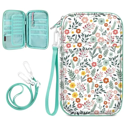 FINTIE Reisepass Tasche Familie Reiseorganizer, RFID-Blockier Wasserdicht Handytasche Reisepasshülle Ausweistasche Dokumente 6 Pässe für Damen und Herren, Frühlingblume