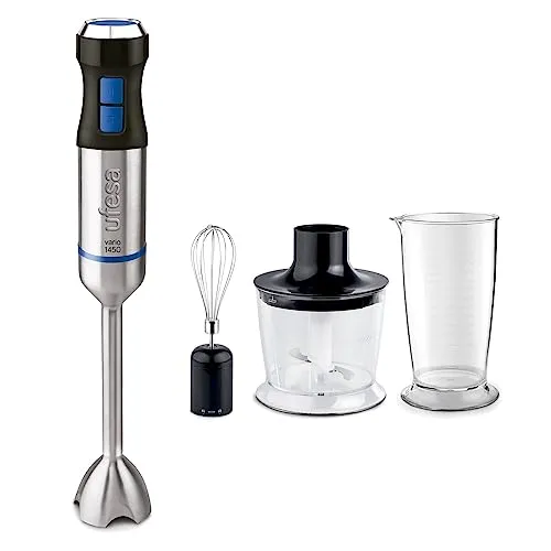 Ufesa BP4762 Vario 1450 Max Stabmixer, Leistung 1400 W, 20 Geschwindigkeiten + Turbo, Edelstahlgehäuse und 4 Klingen, ergonomisches und spritzwassergeschütztes Design, inkl. Zubehör, BPA-frei