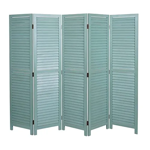 Paravent HWC-C30, Sichtschutz Raumteiler im Shabby-Look - 170x205cm grün - Paravants & Raumteiler - Multifunktionaler Raumteiler aus Paulownienholz mit 5 Paneelen, ideal für Sichtschutz und optische Raumvergrößerung.