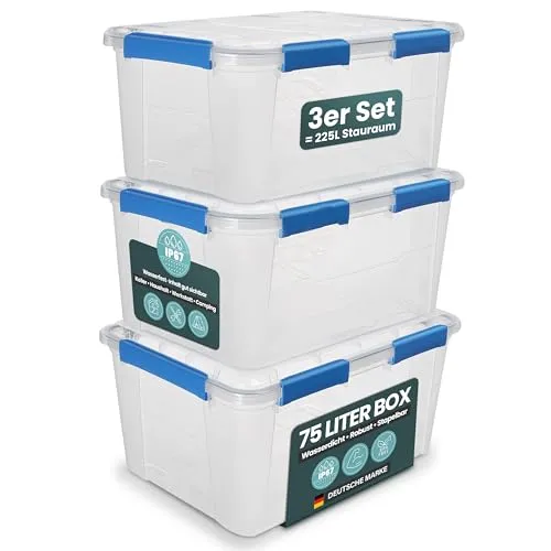 Kreher® Aufbewahrungsbox 75 Liter mit Deckel – wasserdicht & staubdicht, transparent & stapelbar, BPA- & schadstofffrei, robuste Kunststoffbox mit Silikondichtung & 6 Clips (3, 75 Liter)